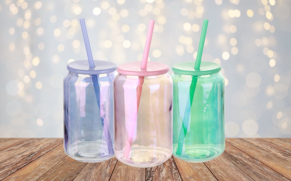 Image of Iridescent cup with lid and straw