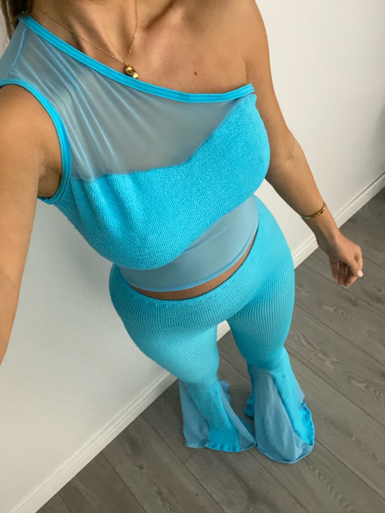 Image of Neon Blue Crinkle Mesh Mix Flares & Asymmetric Top