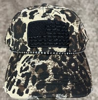 Image 1 of Black Leopard Print Baseball Hat Black Crystal American Flag