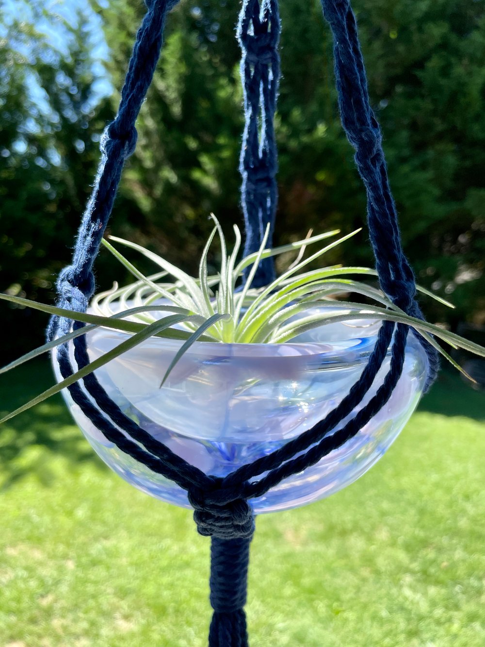 Macrame + Blown Glass Plant Hanger - Navy & Lavender