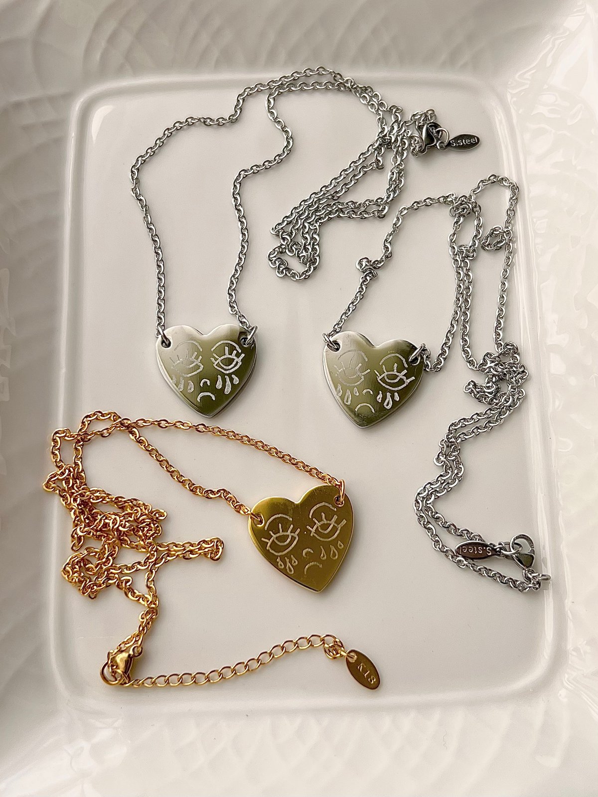 ENGRAVED CRYING FACE HEART NECKLACE THIN CHAIN HUTCH MELBOURNE