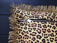 Image 3 of Leopard print fabric and red virgin of Guadalupe cushion cover with gold fringe or black fringe