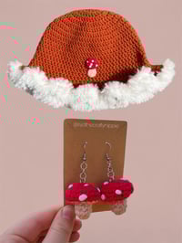 Image 1 of Orange Mushroom Bucket Hat/ Mushroom Earring Set