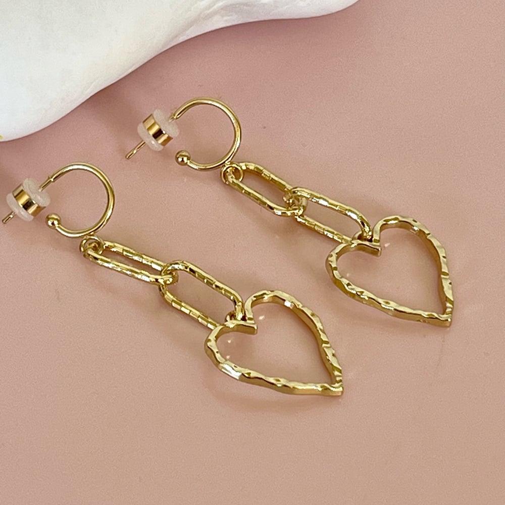 Image of Gold Textured Heart and Chain Half Hoops