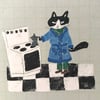 Small square print -cat making coffee