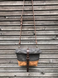 Image 1 of Waxed canvas satchel with back pocket and recycled leather base