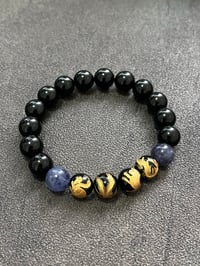 Image 4 of Golden-Carved Four Divine Beasts Black Agate x  Lolite Gemstones Bracelet 10mm