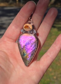 Image 1 of Electroformed purple labradorite, moonstone and fire opal necklace