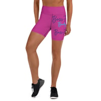 Image 2 of BOSSFITTED Solid Pink Yoga Shorts w/ Purple and Blue Writing