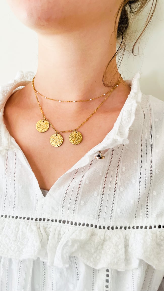 JANIS | Collier chaîne 3 médaillons acier inoxydable doré 