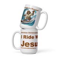 I Ride With Jesus Surfing 15oz White glossy mug