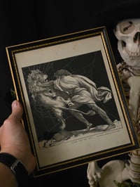 Image 1 of “Samson and the lion” 1800s Bible page with preserved web