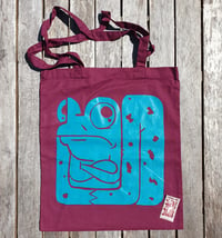 Image 1 of Grumpy Frog Tote, purple & Blue