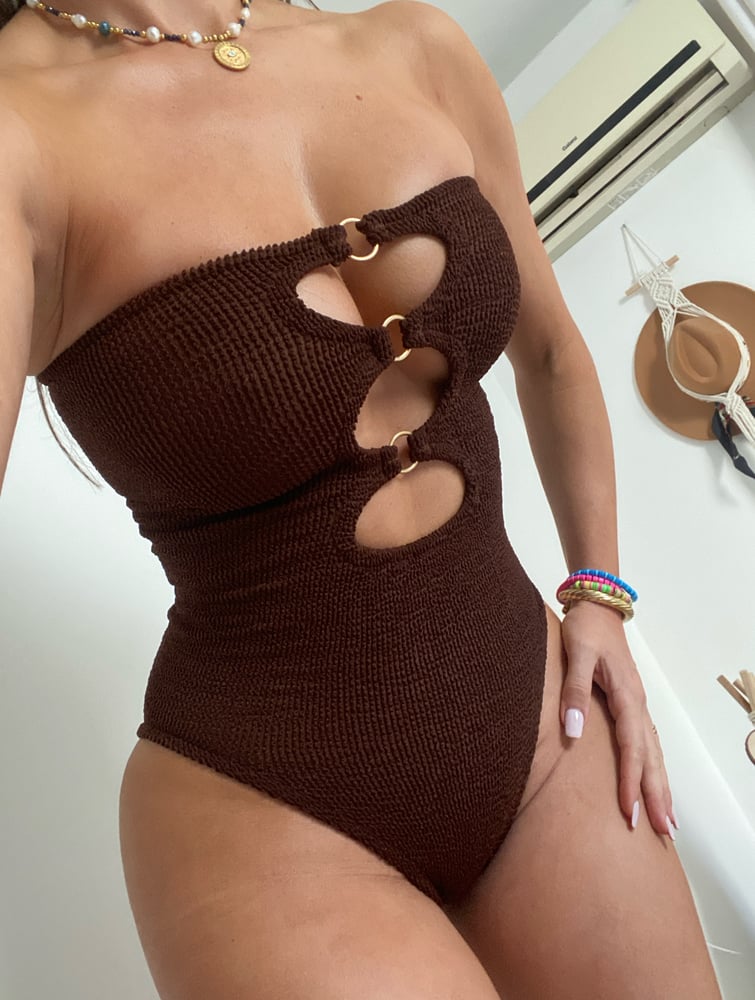 Image of Chocolate Brown Cut Outs Strapless Onepiece 