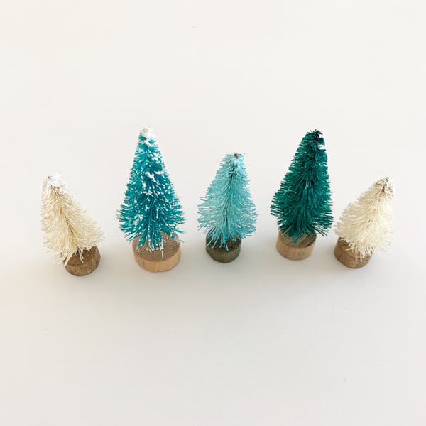 Image of Set of Blue and Cream Mini Bottle Brush Trees 