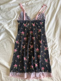 Image 3 of Vintage Y2K black floral mini dress with baby pink ruffle and under bust detail 