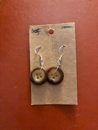 Steampunk repurposed antique button earring brown edged