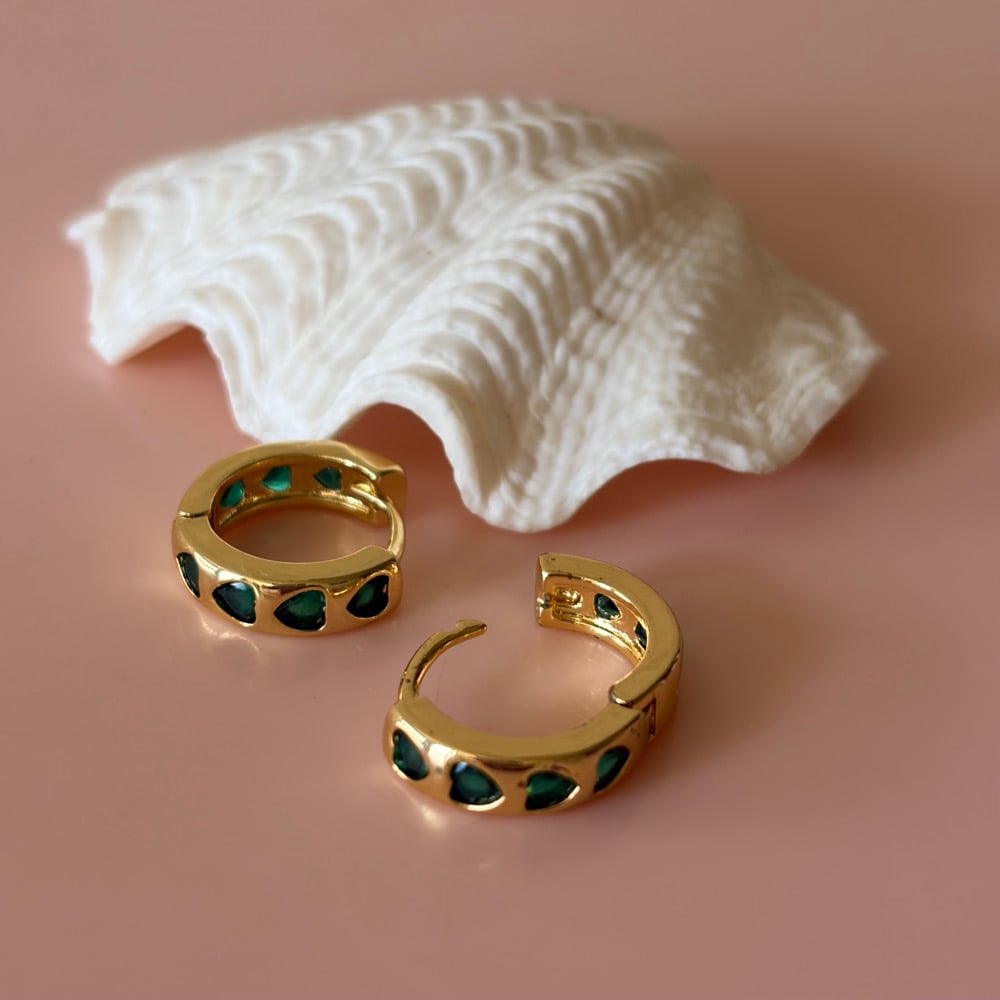 Image of Green Glass Heart Huggie Hoops
