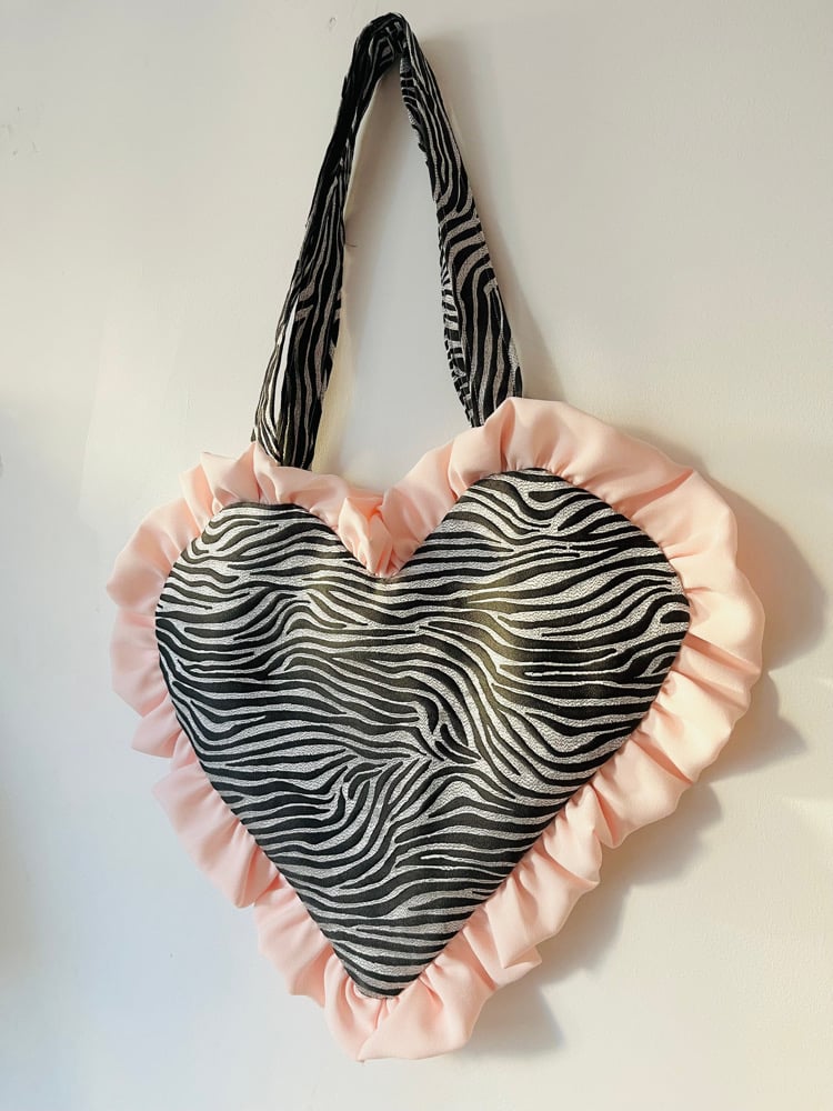Image of Zebra Print Heart Bag – Blush Pink Ruffle Tote 