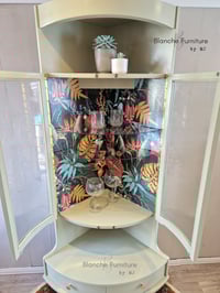 Image 2 of Tall, Mid Century, Curved Corner Drinks Cabinet unit with light with botanical lining.