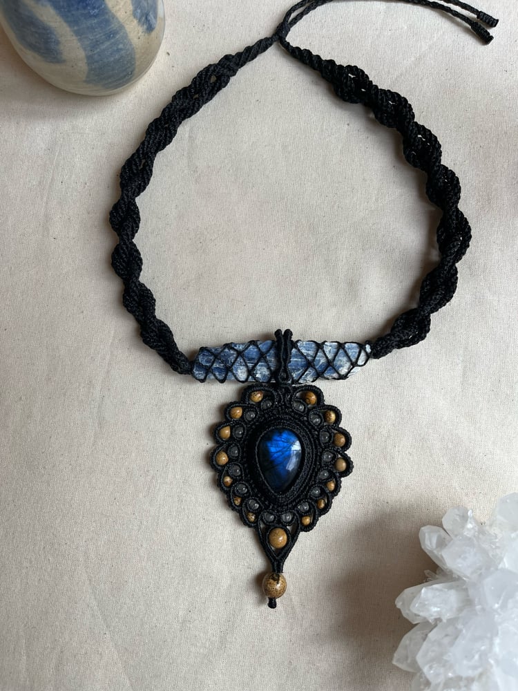 Image of Macrame necklace with kyanite and blue labradorite 