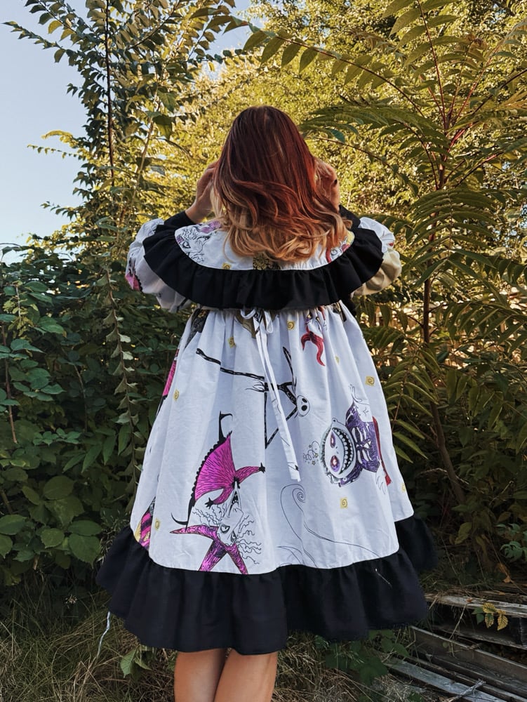 Image of Oversized Ruffle Collar & Puff Long Sleeve Dress — Halloween