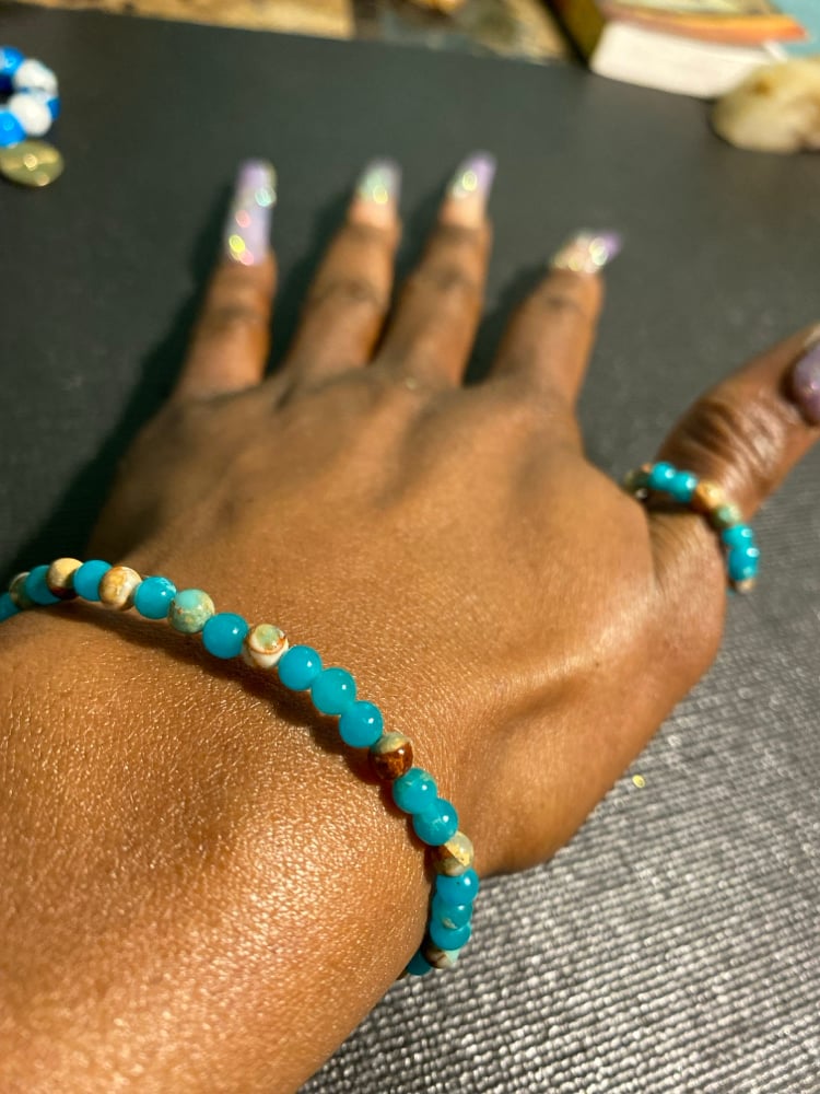 Image of Aqua Serpentinite Jasper Beaded Bracelet & Ring Set