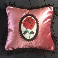 Image 3 of Red Rose Patch Pink Velvet Cushion Cover