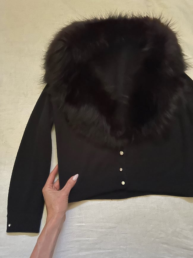 1950s 60s black cardigan sweater with real fur collar