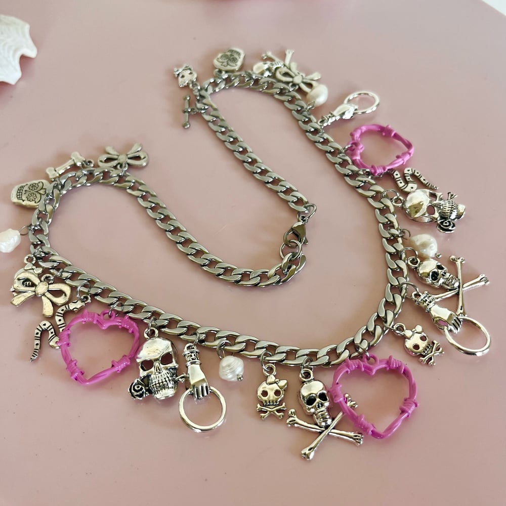Image of One of a Kind Skull, Pink Barbed Heart and Pearl Necklace