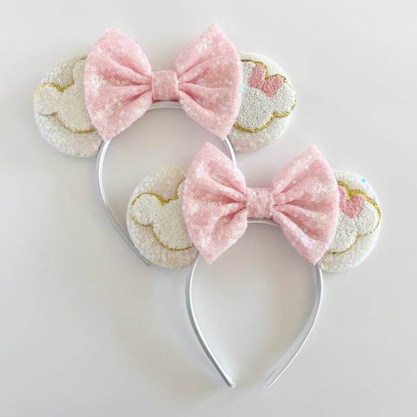 Image of Patch Ears - White Iridescent with Pink Iridescent Bow