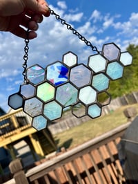 Image 2 of Stained Glass Honeycomb Suncatcher - Iridescent & Textured Glass Window Hanging Art Decor