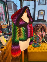 Image 2 of HOCUS POCUS - handmade crochet art - brown red green crop hooded jumper - flared bell sleeve