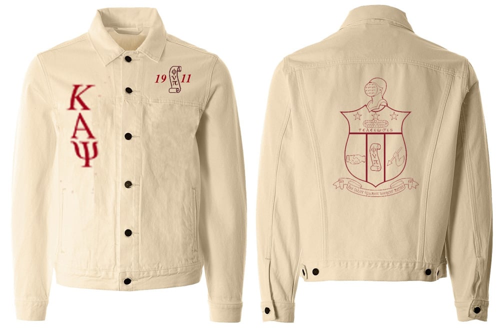 Image of Cream/Crimsom Jean Jacket KAPSI LETTERS front SHIELD BACK 
