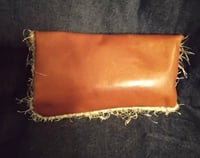 Image 2 of Brown leather envelope style clutch bag with beige crochet front with famous clay button closure
