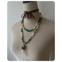 Image 3 of The Ariella Necklace - Pearleascent Green Glass Beads Pearls Brass and Quartz Necklace  