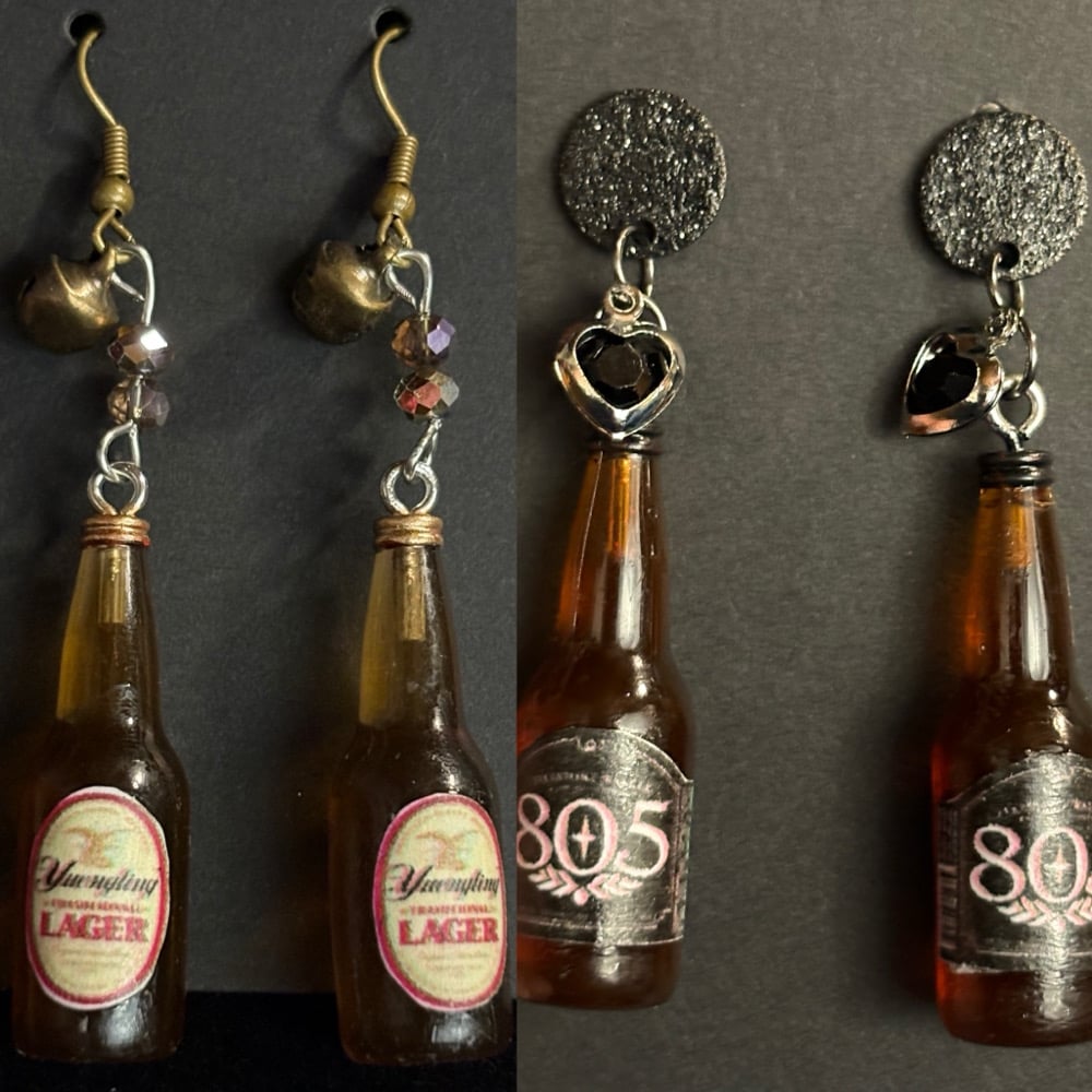Image of beer bottle mini dangle earrings coors, Michelob ultra, bud, corona, 805, etc 