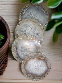 Image 1 of Set of 4 Agate & Moonstone Healing Crystal Resin Coasters With Holder 'The Curiosity'