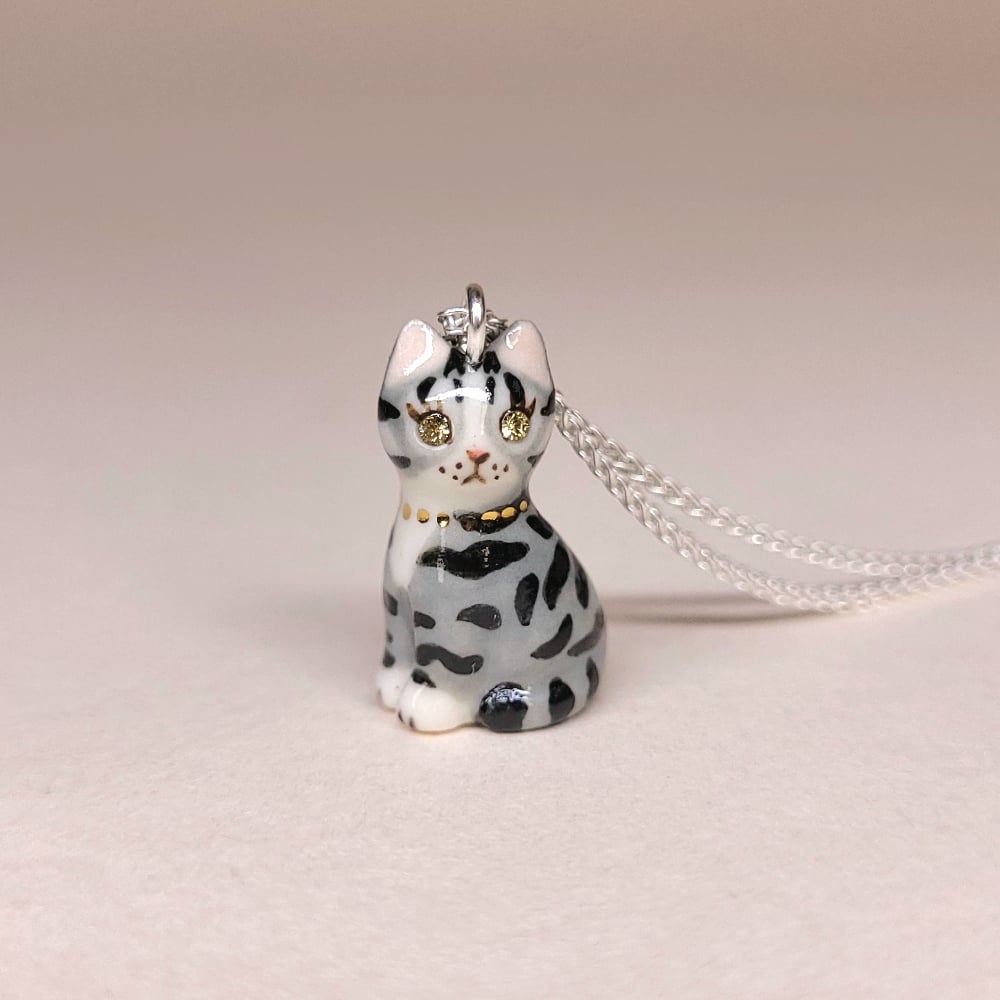 Image of Silver Tabby Porcelain & Sterling Silver Sitting Kitten Pendant