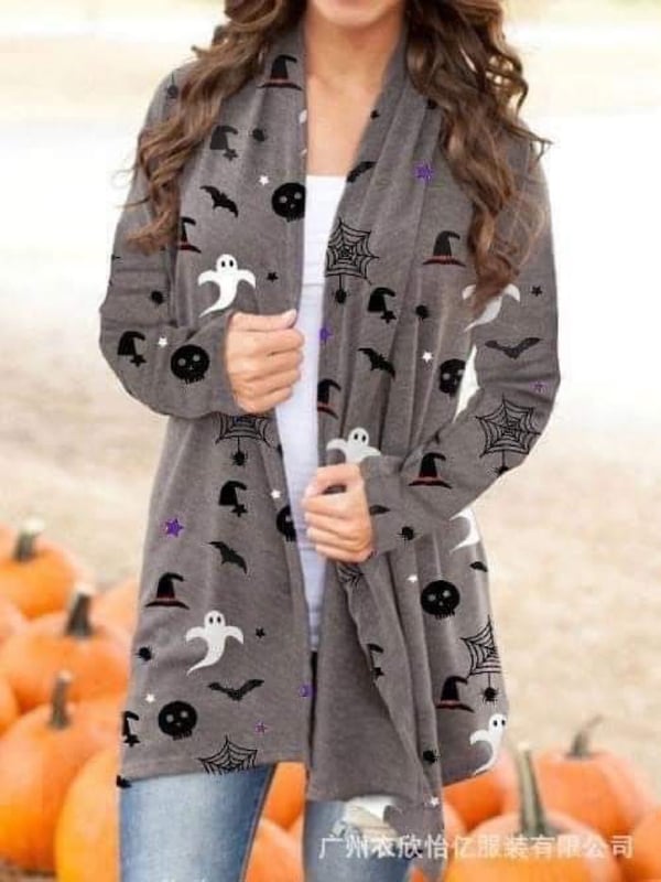 Image of Adult Halloween Cardigan with witch hat and ghost 