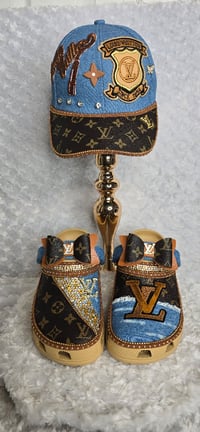 Image 1 of Classic Brown & Light Denim Crocs w/ Hat