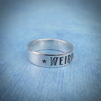 Image 2 of WEIRDO silver ring with star and moon stamp (capitals). Hand stamped silver 925 ring
