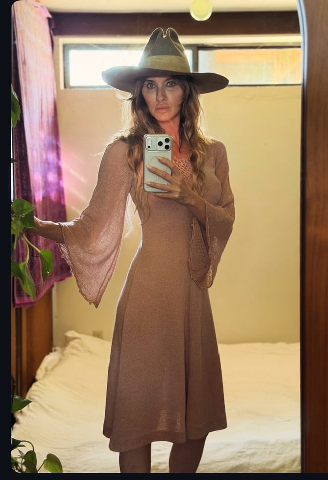 early 70s fine knit angel sleeve dusty rose dress