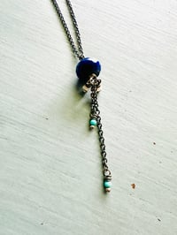 Image 14 of faceted lapis pendant with Kingman turquoise and pearl fringe