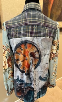 Image 1 of Vintage Funky Sleeve Teal/Plum/Yellow Flannel Shirt Floral Sleeves Time Clock Woman