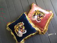 Image 2 of blue or pink  cotton velvet with embroidered tiger patch and gold fringing