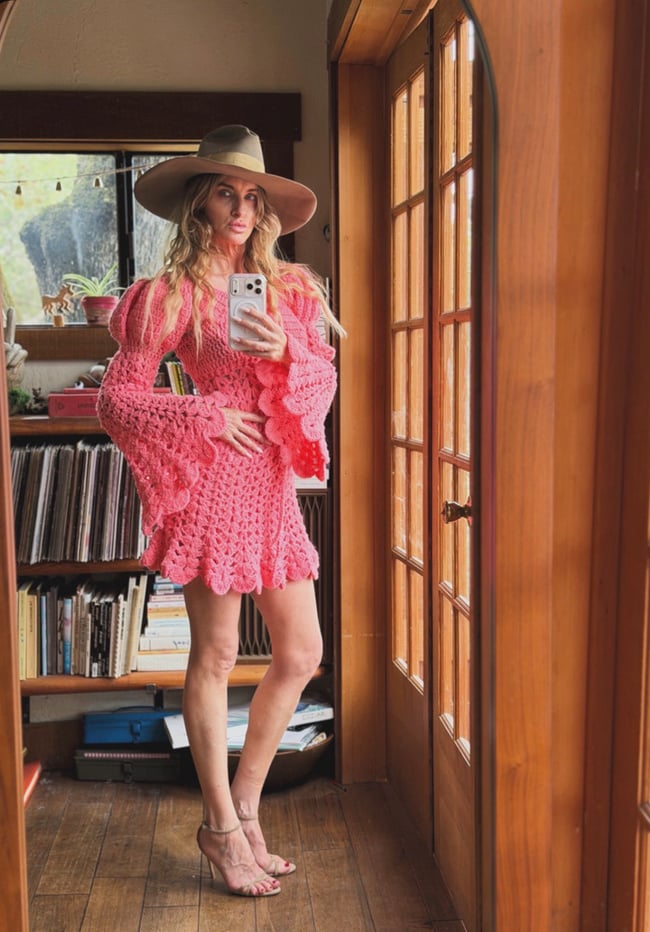 1960s pink crochet leg of mutton poet sleeve mini dress