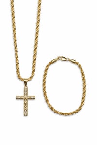 Image 2 of Iced Out Cross 4mm Rope Chain 22” + 8” Bracelet Gold Plated | CZ Cross Pendant
