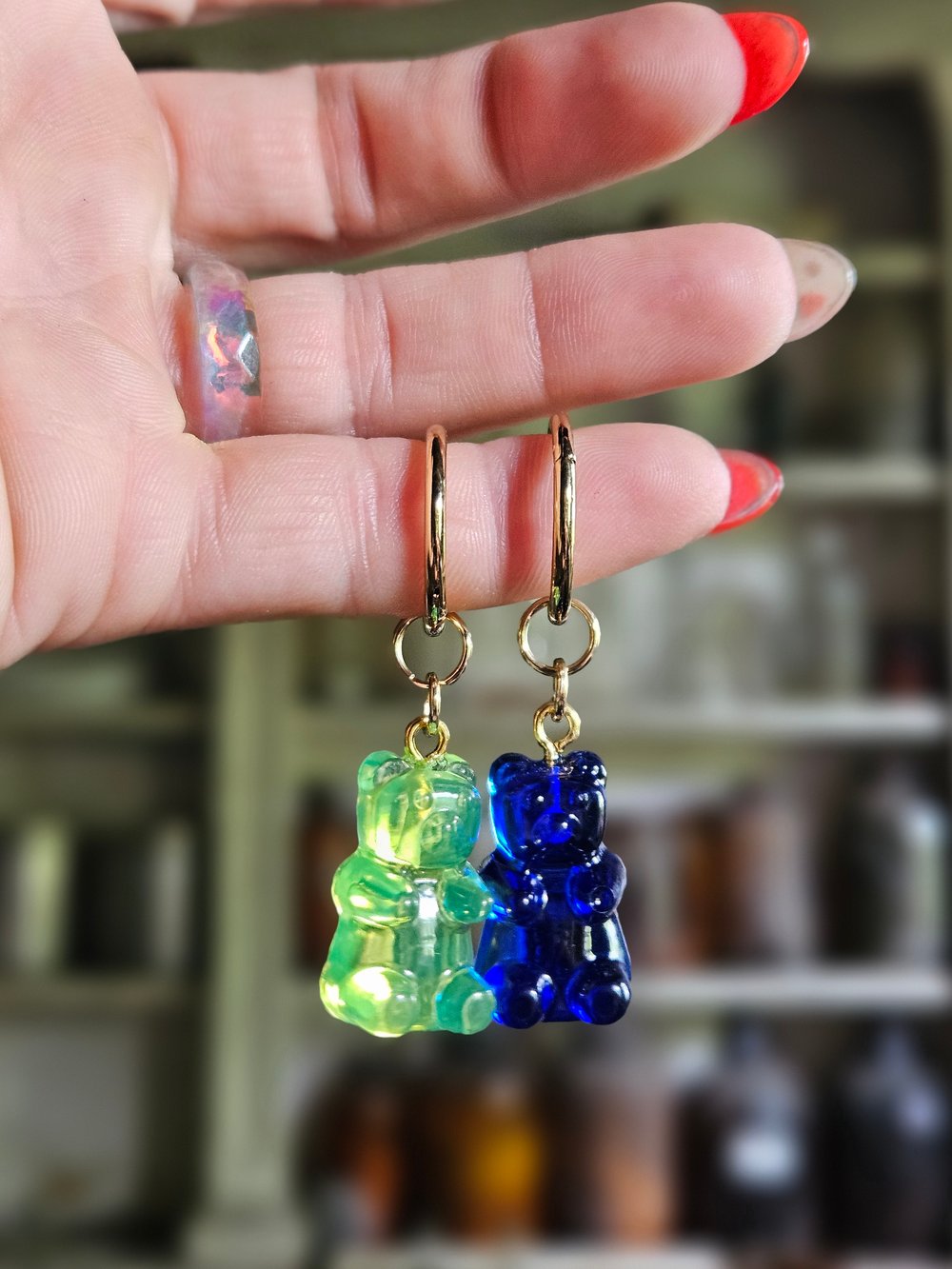 Image of Neon Green and Cobalt Blue Gummy Bear Earrings