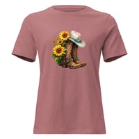 Image 5 of Women's Relaxed T-Shirt, Turquoise Sunflower Cowgirl Boots Tee